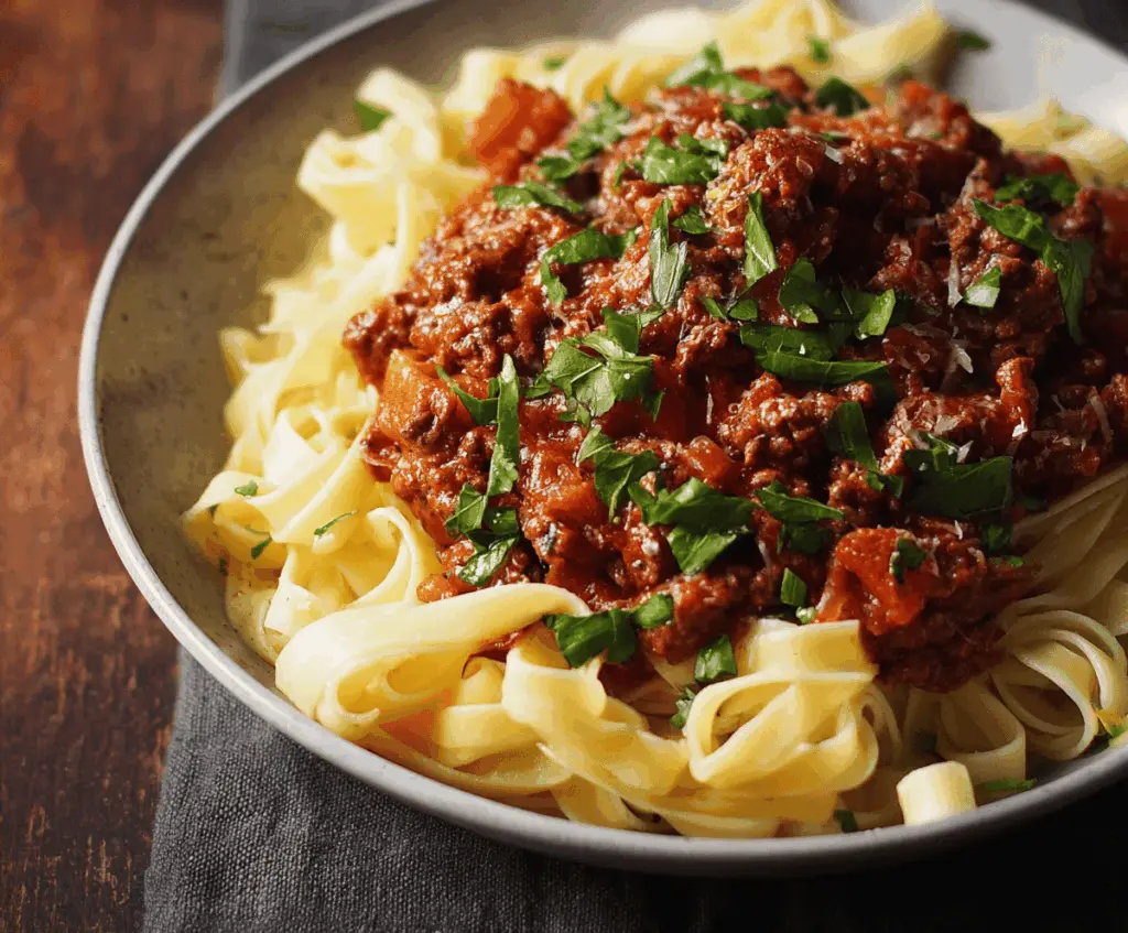 Delicious homemade beef bolognese sauce served over pasta with fresh herbs