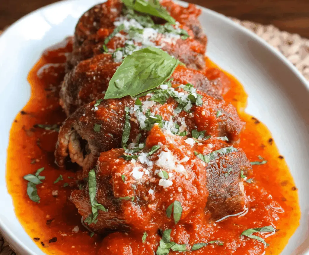 Delicious homemade beef braciole rolls with herbs and cheese on a rustic plate.