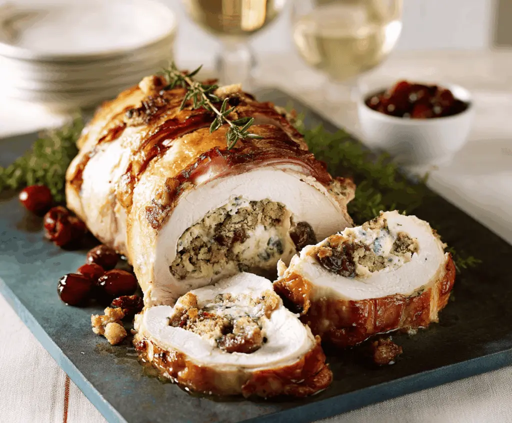 Delicious Christmas stuffed turkey breast served on a festive platter with garnishes