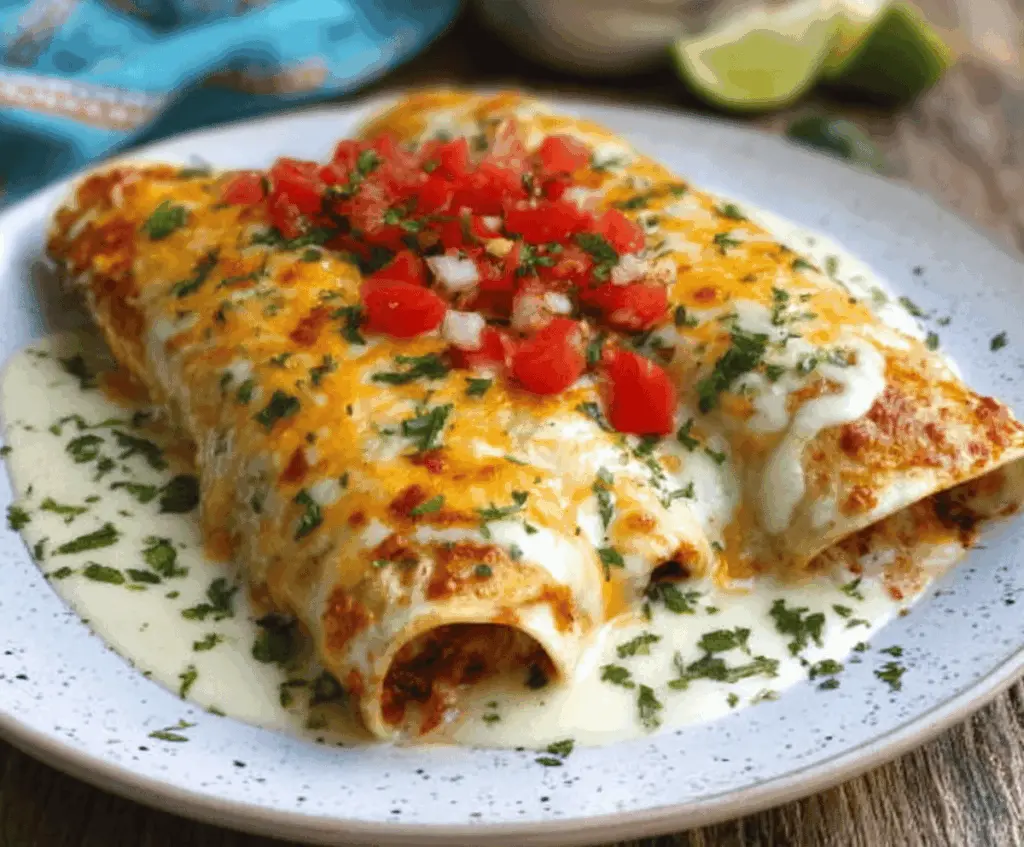Delicious cheesy chicken enchiladas with creamy sauce served on a plate.