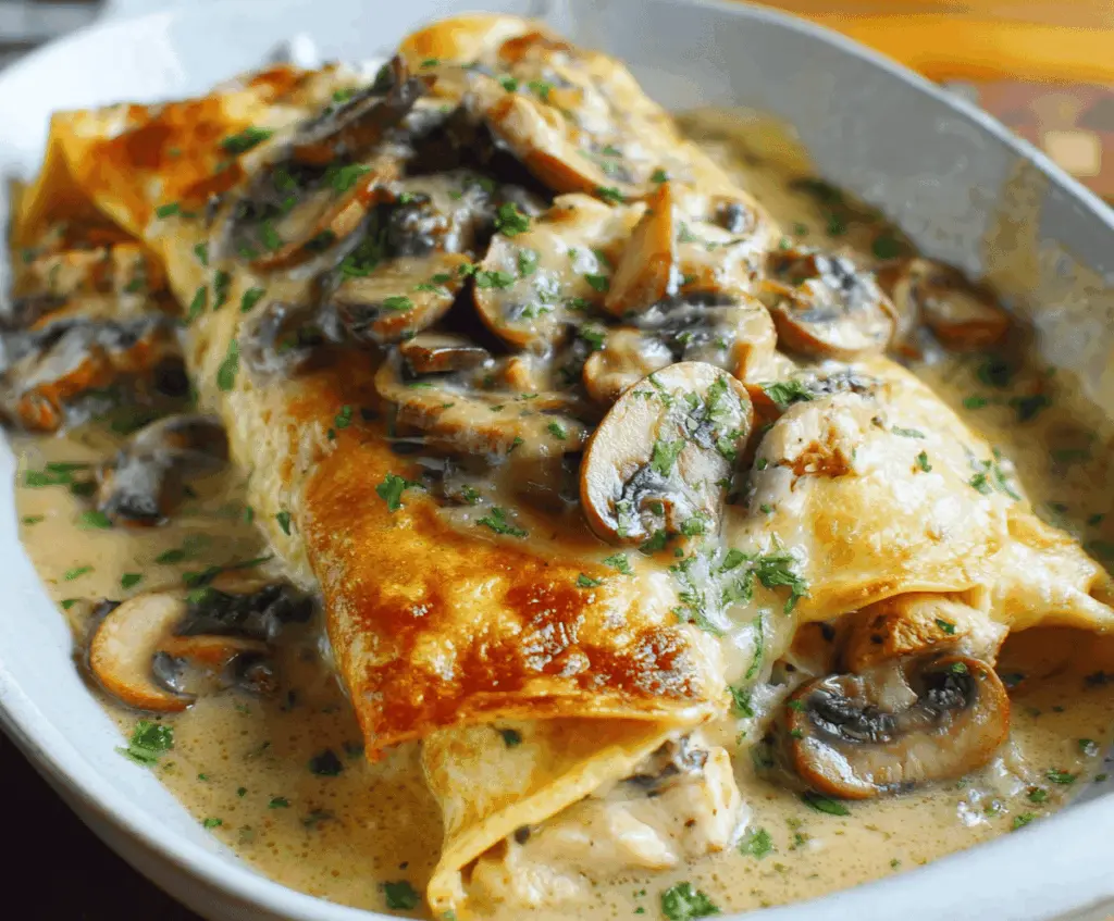 Delicious chicken and mushroom crepe bake with melted cheese and fresh herbs