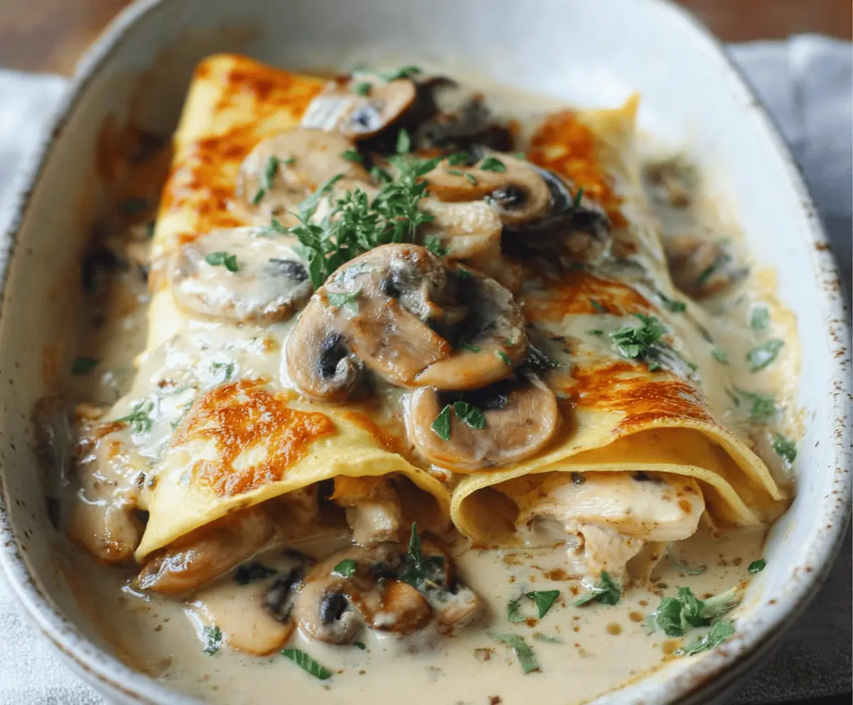Easy Chicken Mushroom Crepe Bake