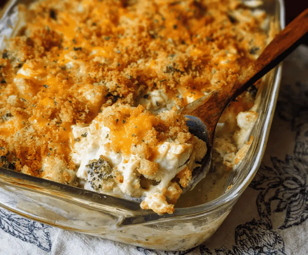 Delicious Chicken Divan casserole with tender chicken, creamy sauce, and melted cheese in a baking dish.
