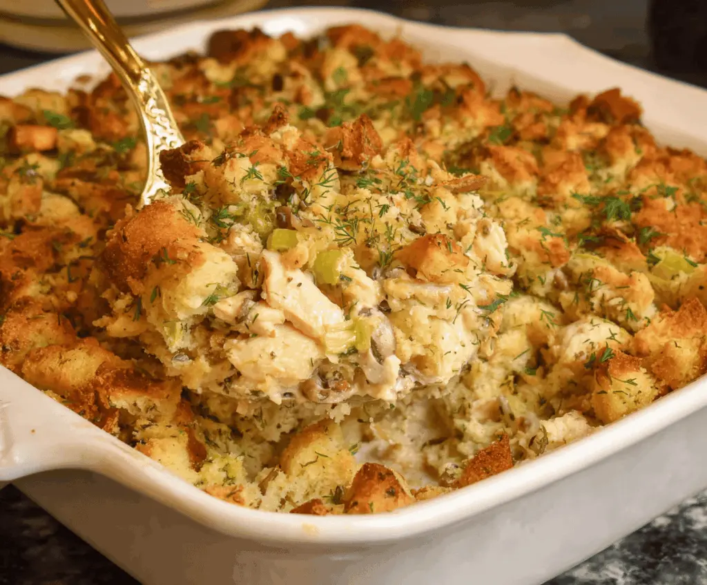 Delicious Chicken Stuffing Casserole topped with golden stuffing and tender chicken pieces.