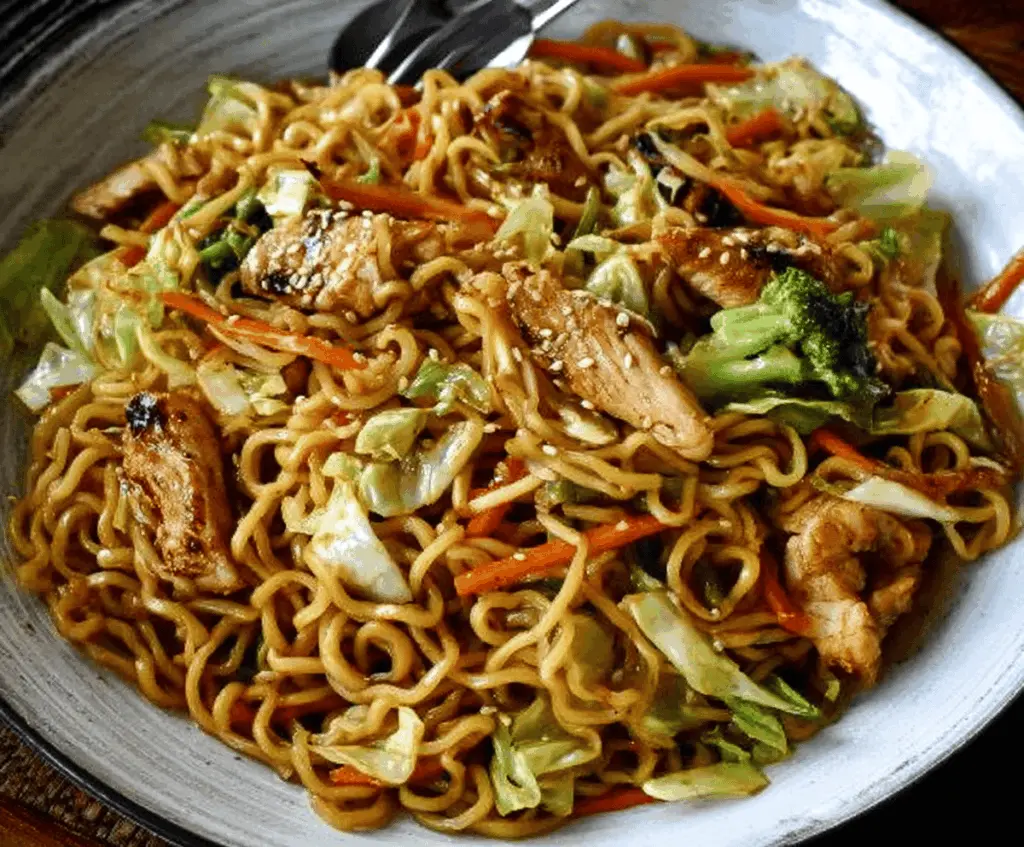 Delicious Chicken Yakisoba with stir-fried noodles and fresh vegetables