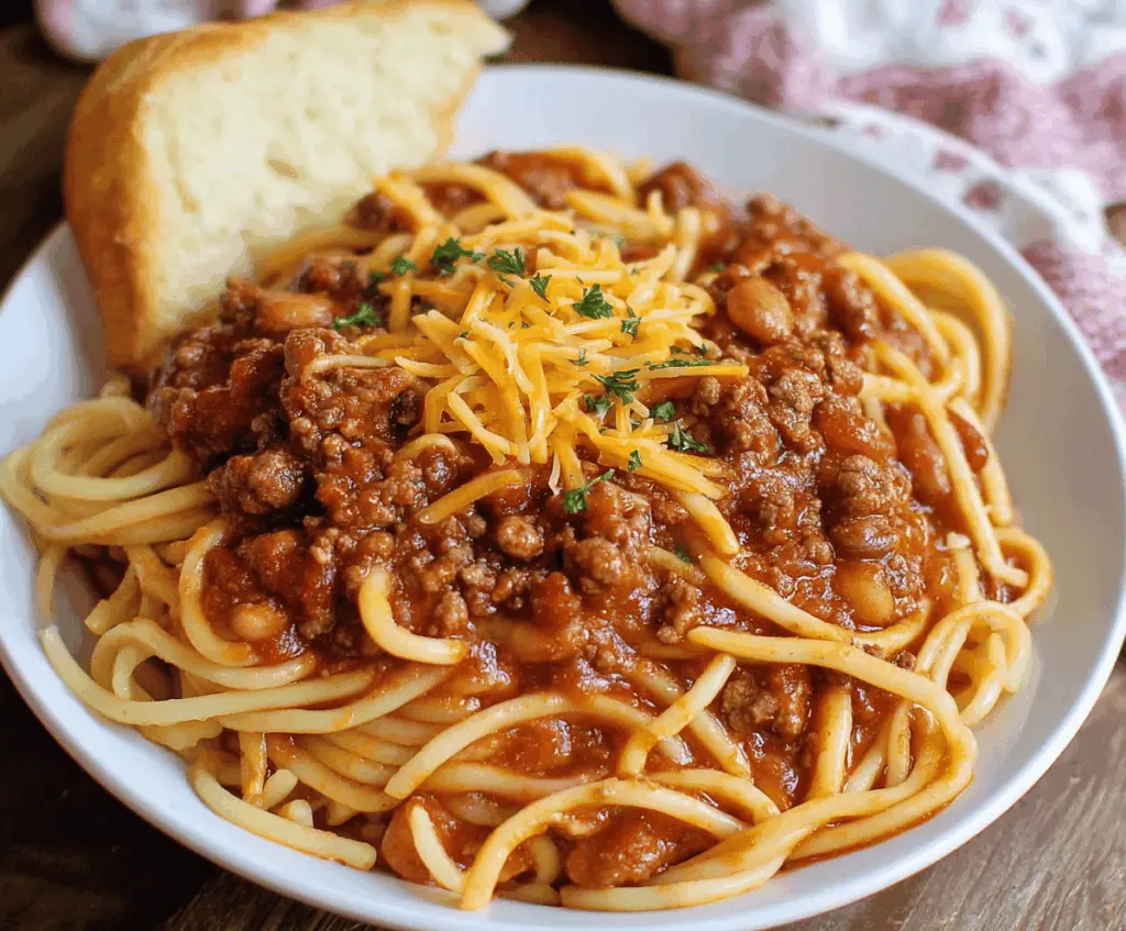 Delicious chili spaghetti dish with spicy tomato sauce and melted cheese.