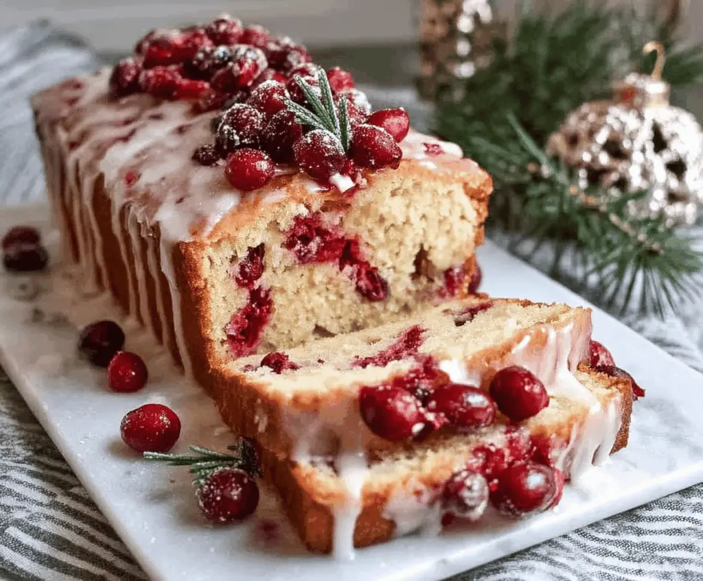 Delicious Christmas Cranberry Pound Cake topped with fresh cranberries and powdered sugar.