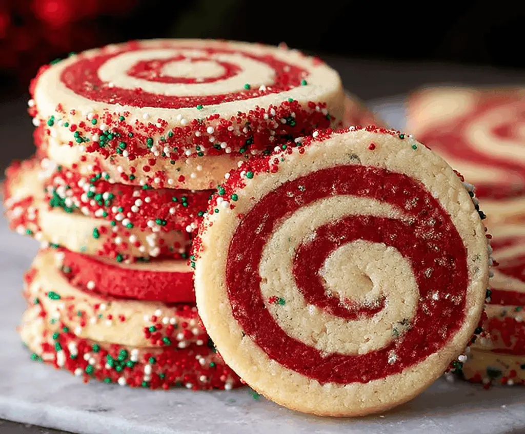 Festive Christmas Pinwheel Cookies decorated with colorful icing on a holiday plate.