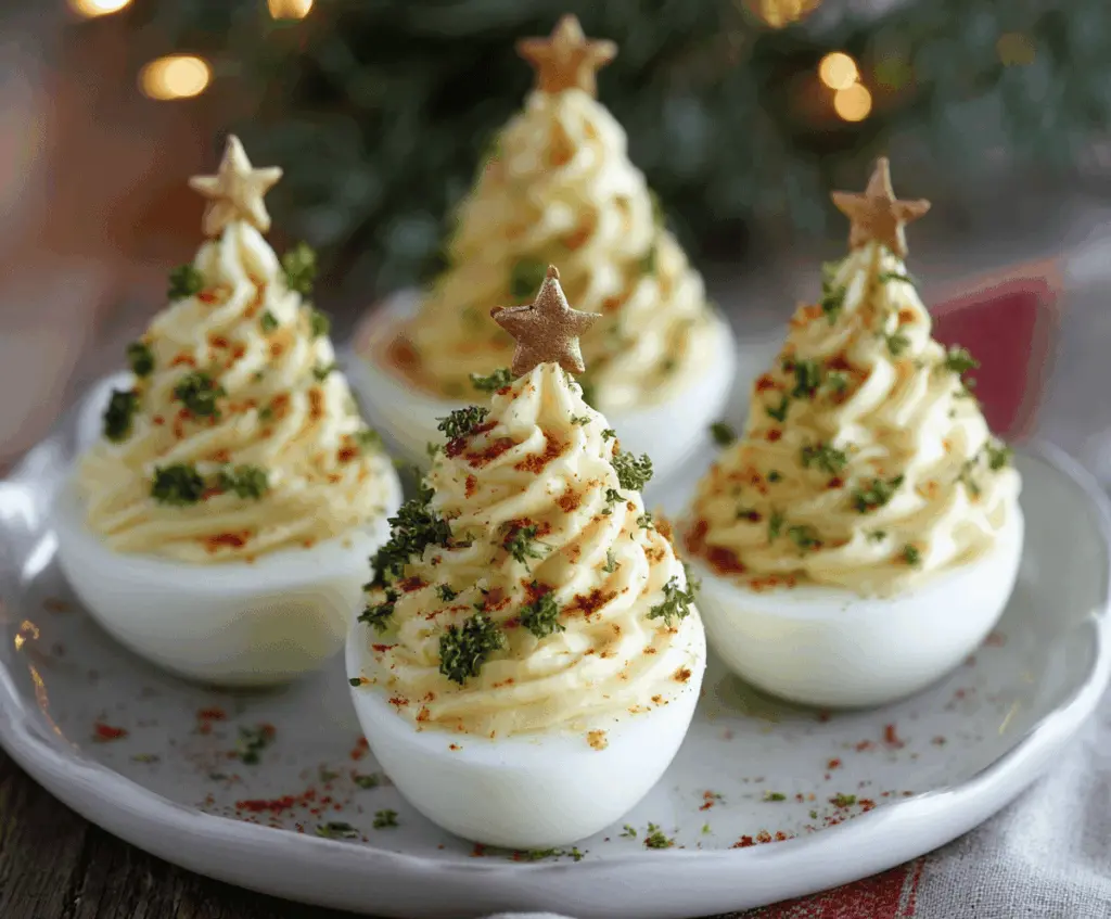 Festive Christmas Tree Deviled Eggs decorated with green herbs and red accents for the holiday season