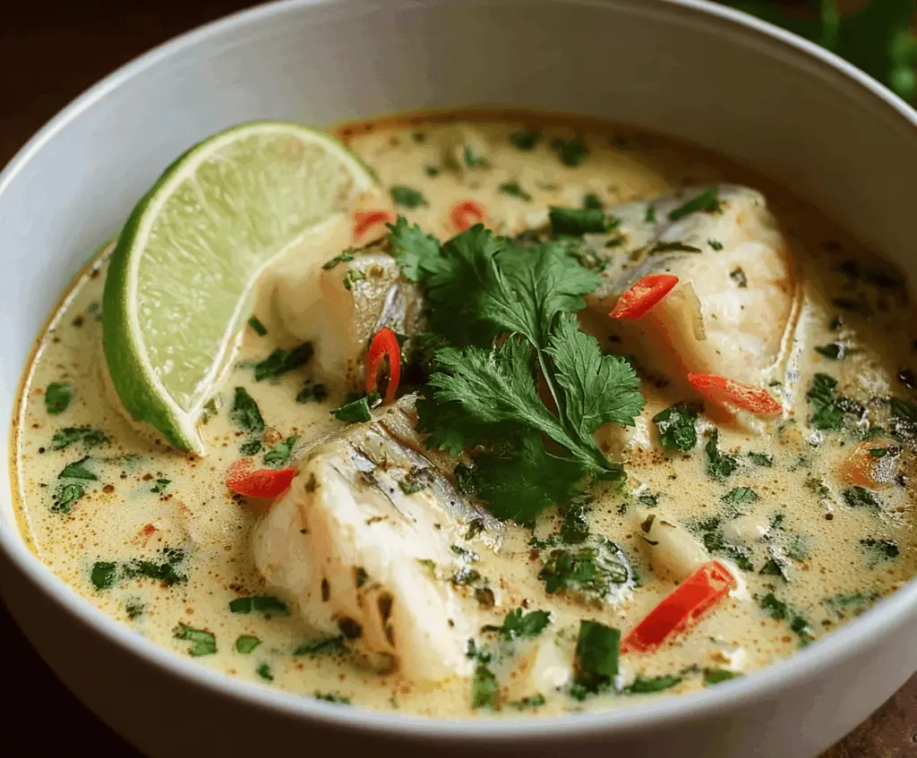 Delicious Coconut Lime Fish Soup served in a bowl with fresh herbs and lime slices, perfect for a tropical dinner.