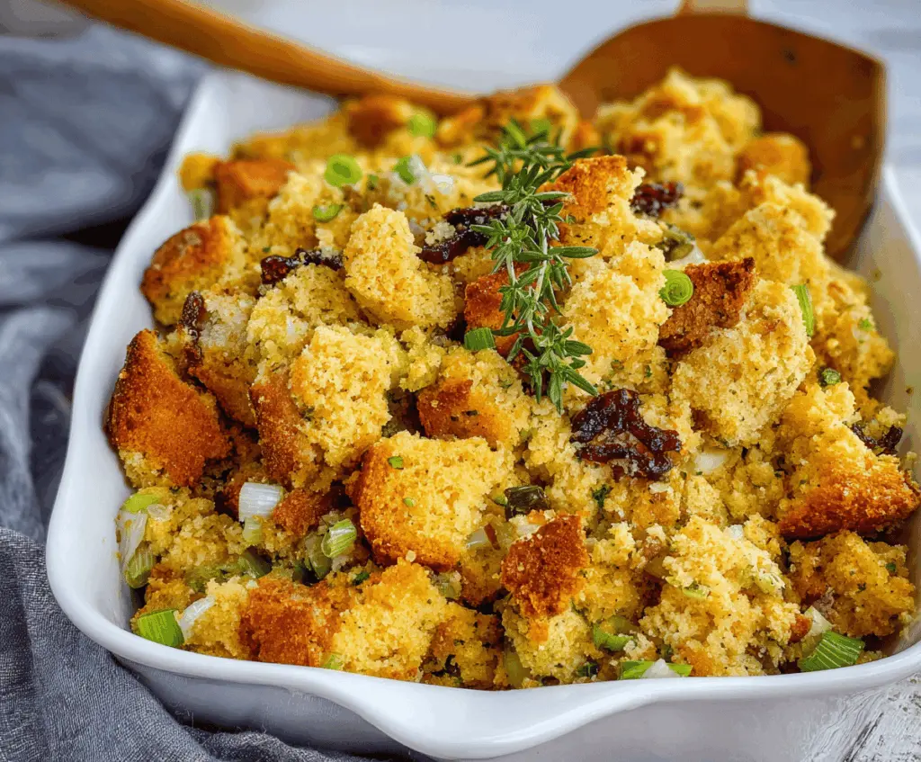 Golden cornbread stuffing with savory herbs and vegetables for a holiday side dish.