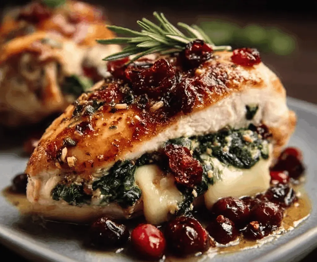 Juicy stuffed chicken breast filled with cranberries, spinach, and melted Brie cheese for a delicious gourmet meal.