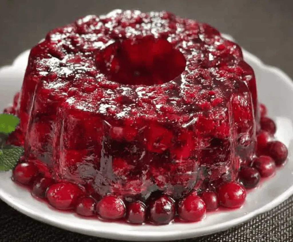 Colorful cranberry jello salad with fresh cranberries and orange slices served in a clear glass dish.