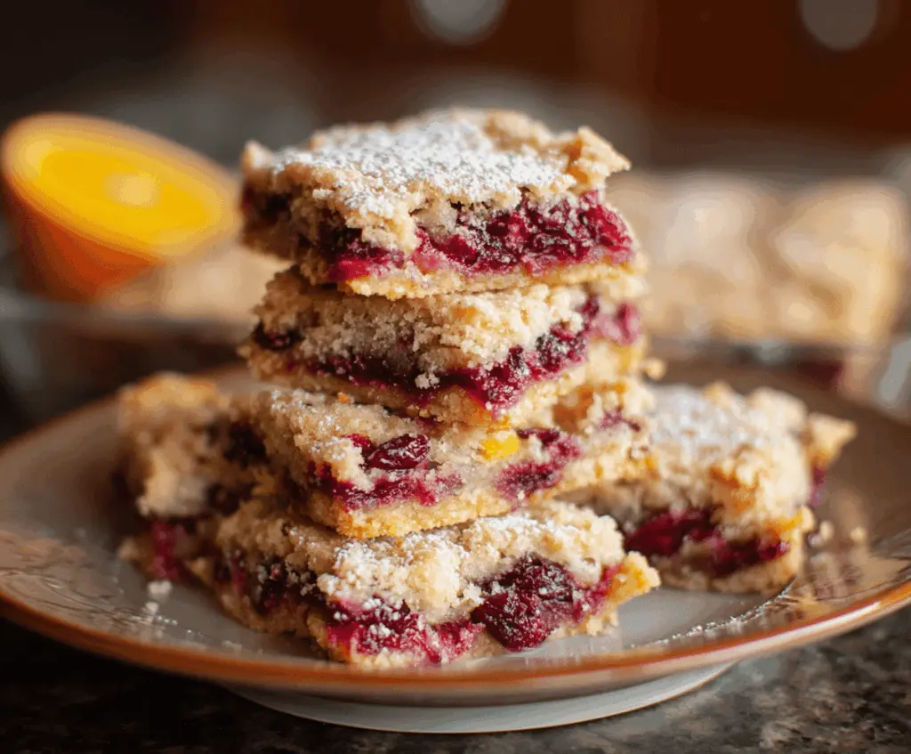 Delicious cranberry-orange bars with a glossy glaze on top, perfect for holiday snacking.