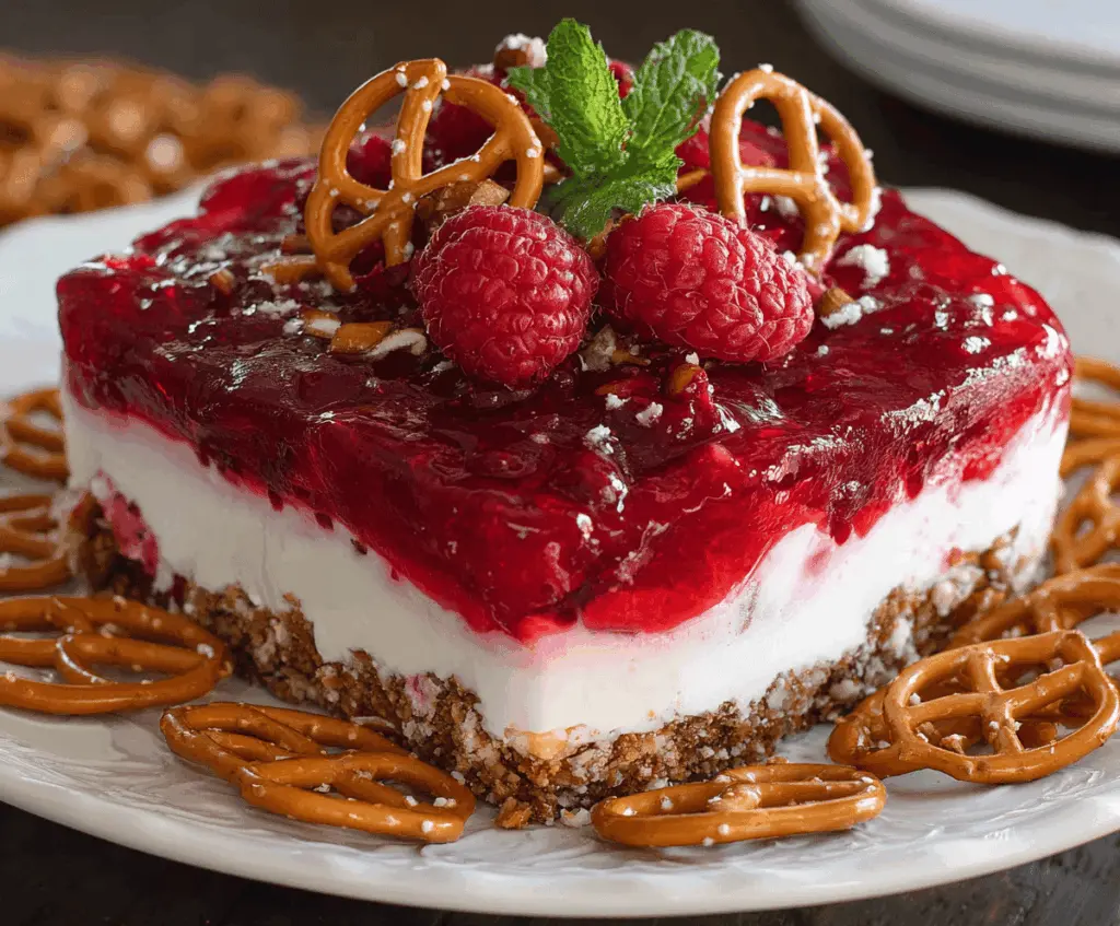 Delicious Cranberry Raspberry Pretzel Salad in a clear glass dish, topped with fresh berries and mint.