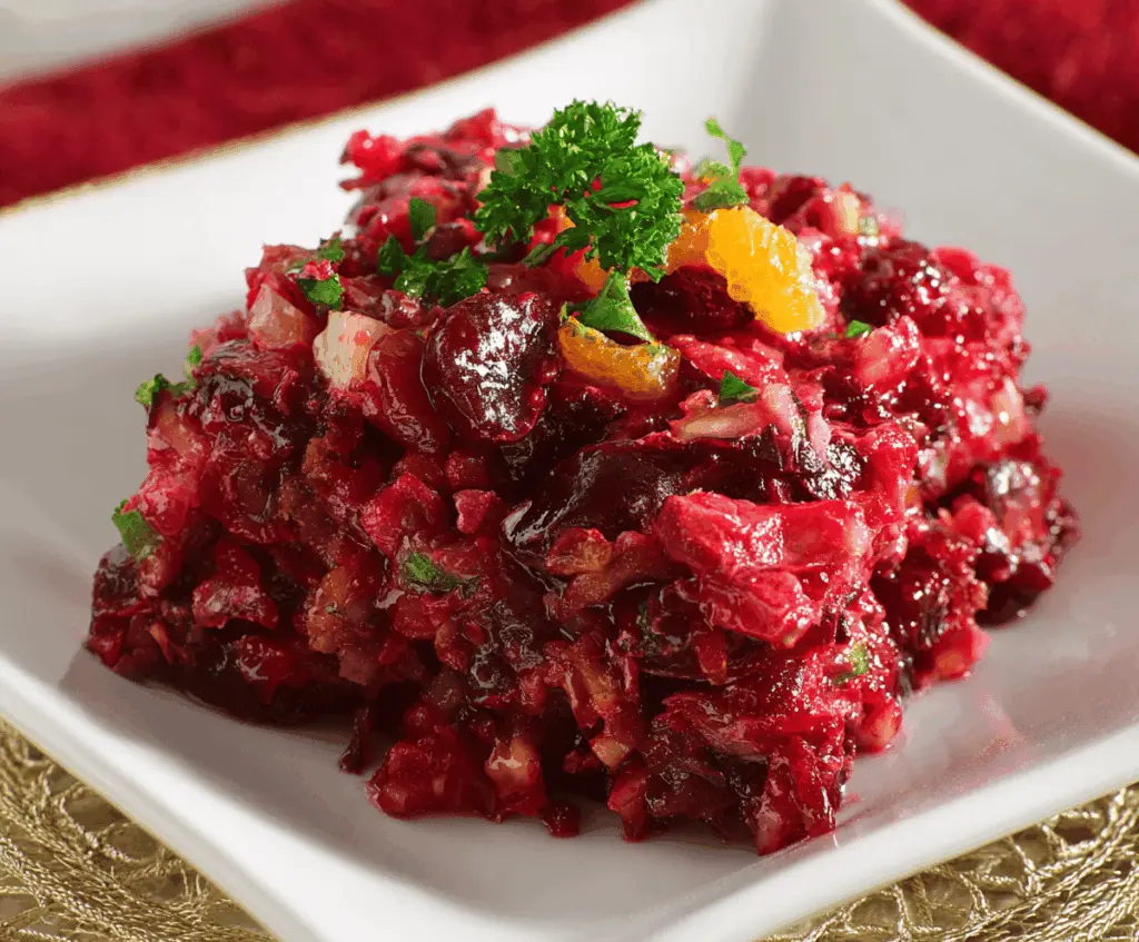 Colorful cranberry salad with fresh fruits and nuts served in a glass bowl