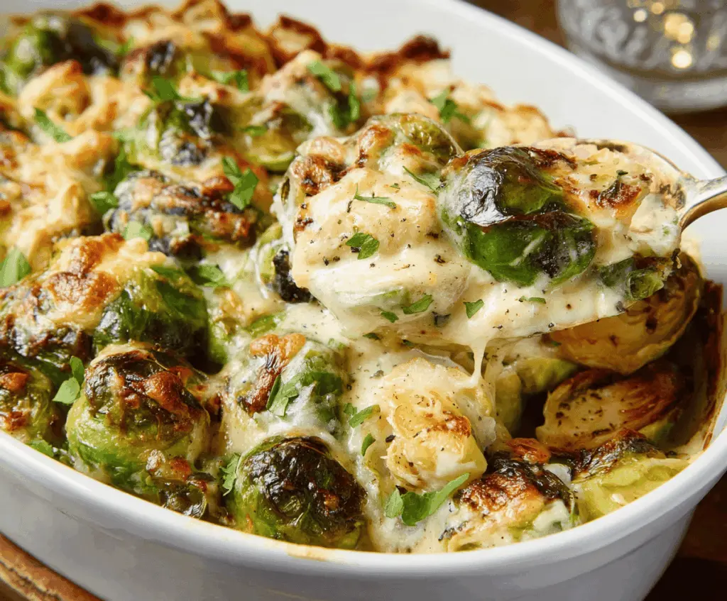 Delicious creamy baked Brussels sprouts served on a plate, garnished with herbs for a healthy side dish.