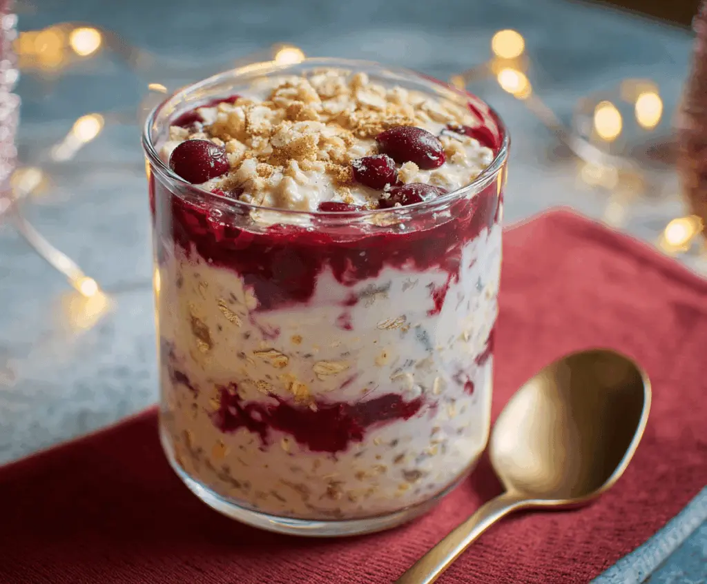 Creamy cranberry overnight oats in a glass jar with fresh cranberries and a sprig of mint for a healthy holiday breakfast.