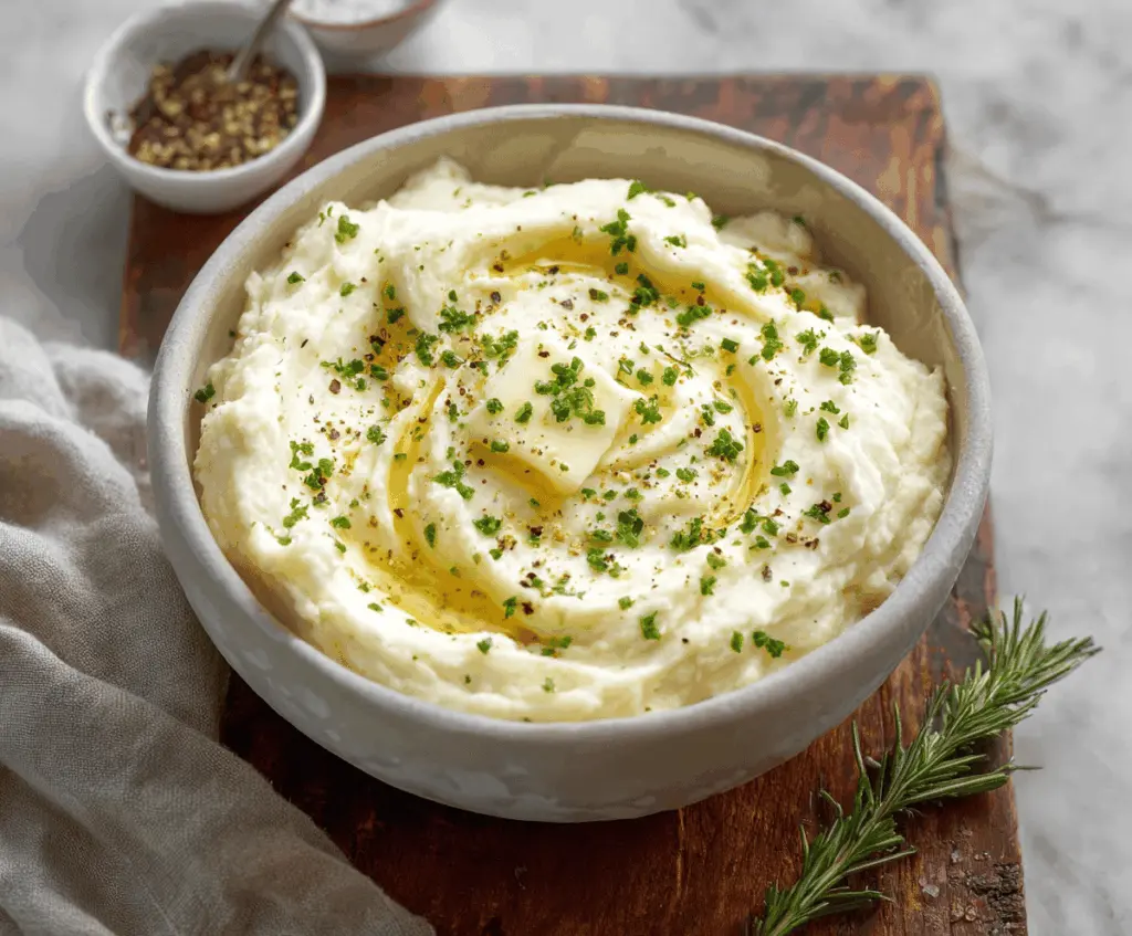 Creamy mashed cauliflower served in a bowl, garnished with fresh herbs, perfect for low-carb diets.