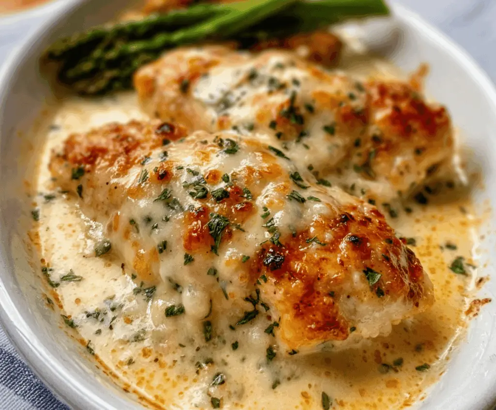 Delicious baked Asiago chicken topped with creamy sauce and melted cheese on a baking dish.