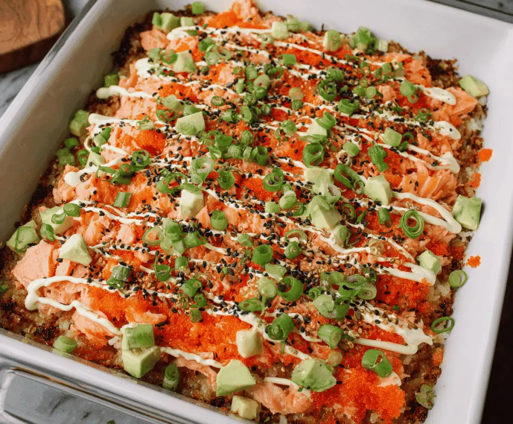 Delicious Easy Salmon Sushi Bake with fresh salmon and flavorful rice topping