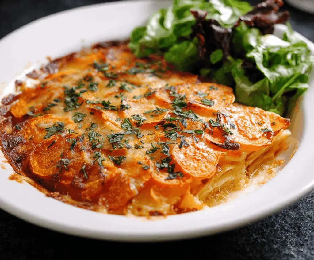 Delicious Easy Sweet Potato Gratin with golden melted cheese and crispy top served in a baking dish.