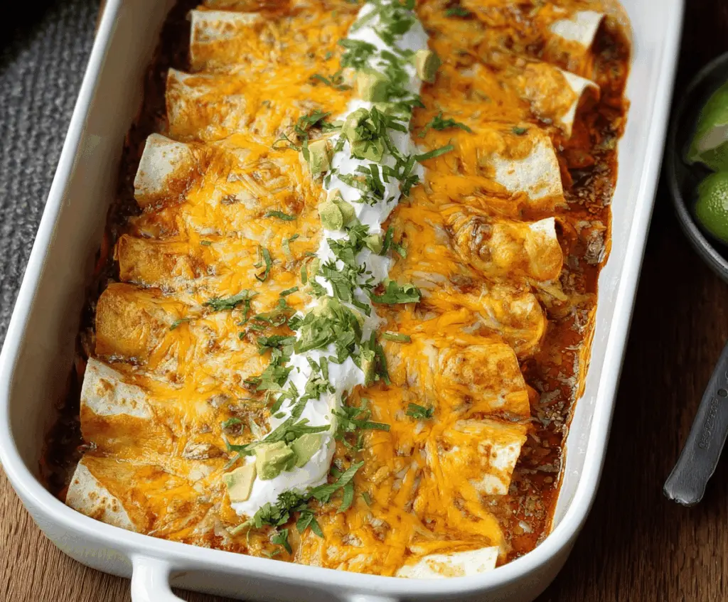 Delicious homemade Easy Turkey Enchiladas topped with cheese and garnished with fresh cilantro.