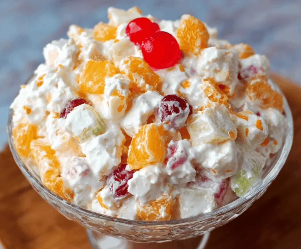 Delicious fluffy ambrosia salad in a bowl, perfect for quick and easy dessert recipes.