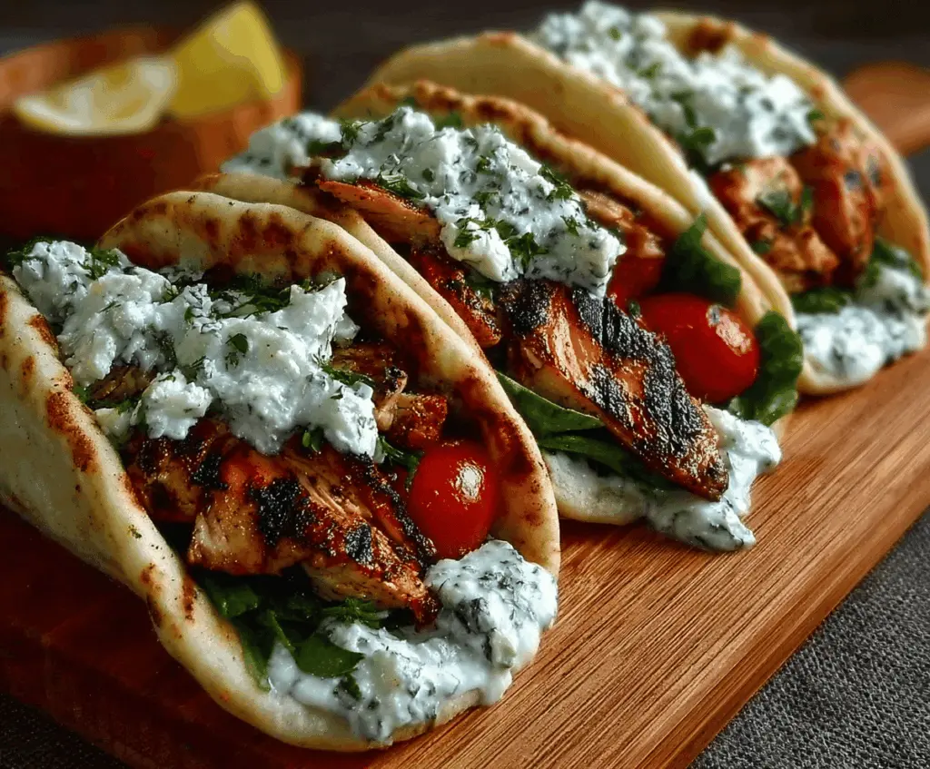 Delicious grilled chicken gyros wrapped in pita bread with fresh lettuce and Tzatziki sauce on a plate.
