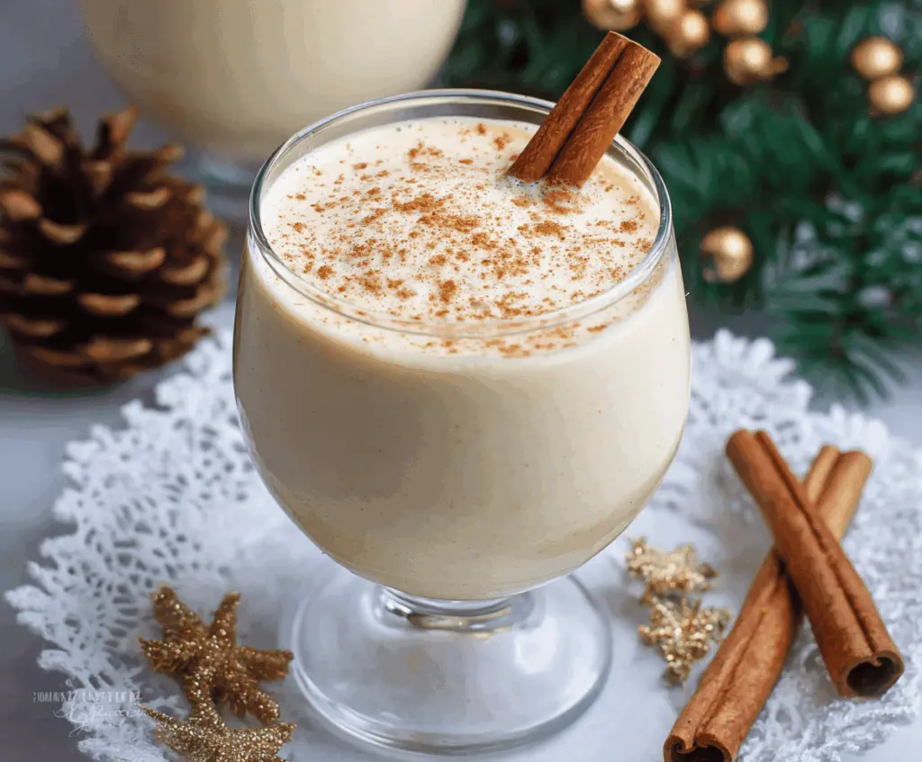 Creamy homemade eggnog in a glass with ground nutmeg on top, perfect for the holiday season.