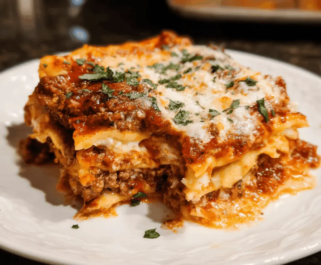 Delicious homemade lasagna with layers of cheese, meat sauce, and pasta served fresh. Perfect Italian comfort food.