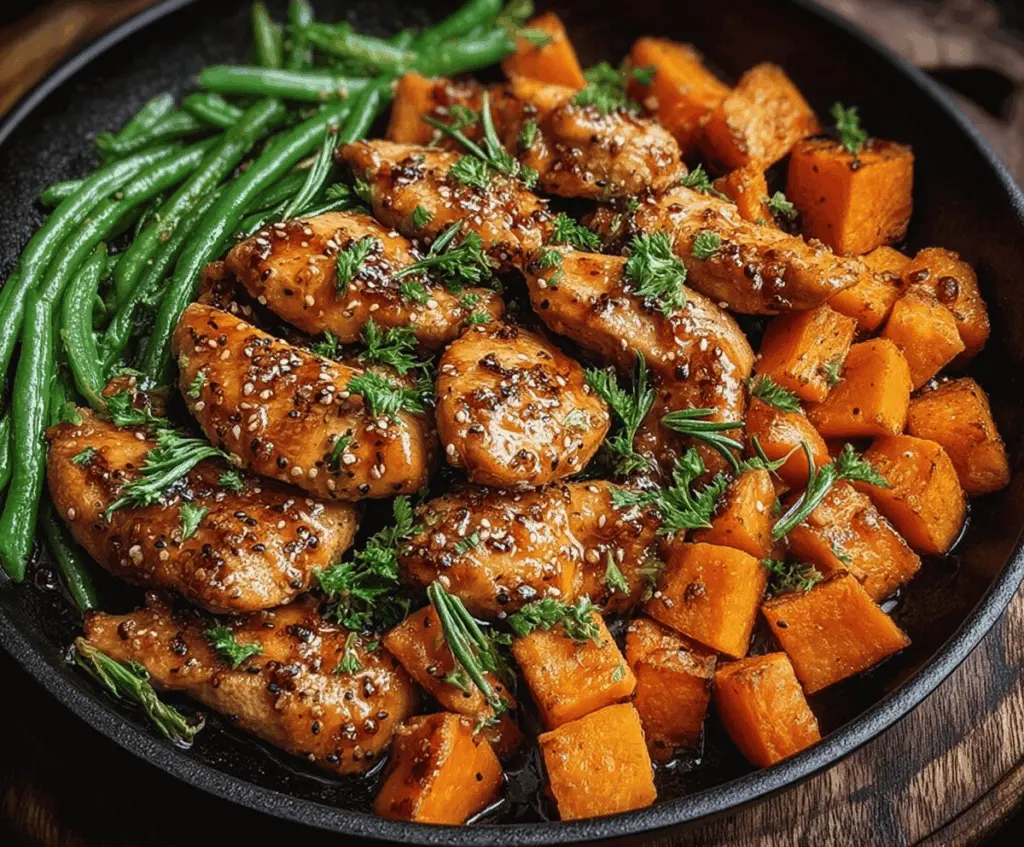 Delicious honey garlic chicken served with roasted sweet potatoes on a plate.