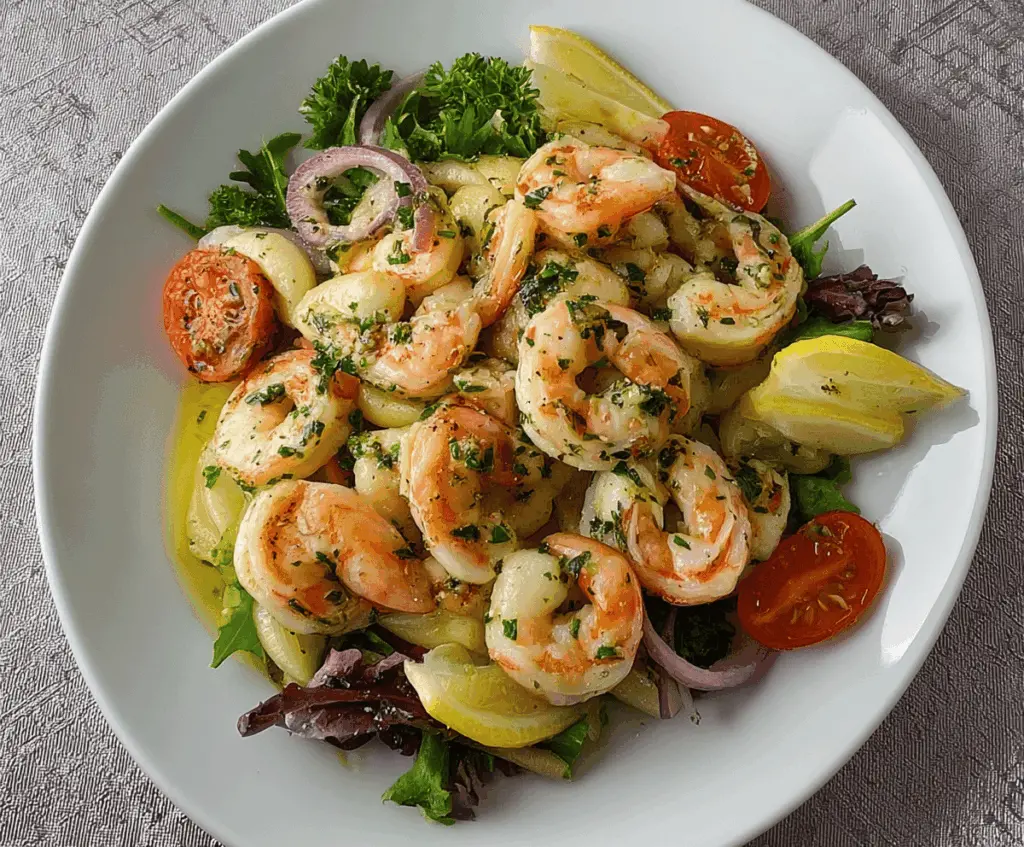 Fresh Italian Olive Oil Shrimp Salad with greens and vegetables