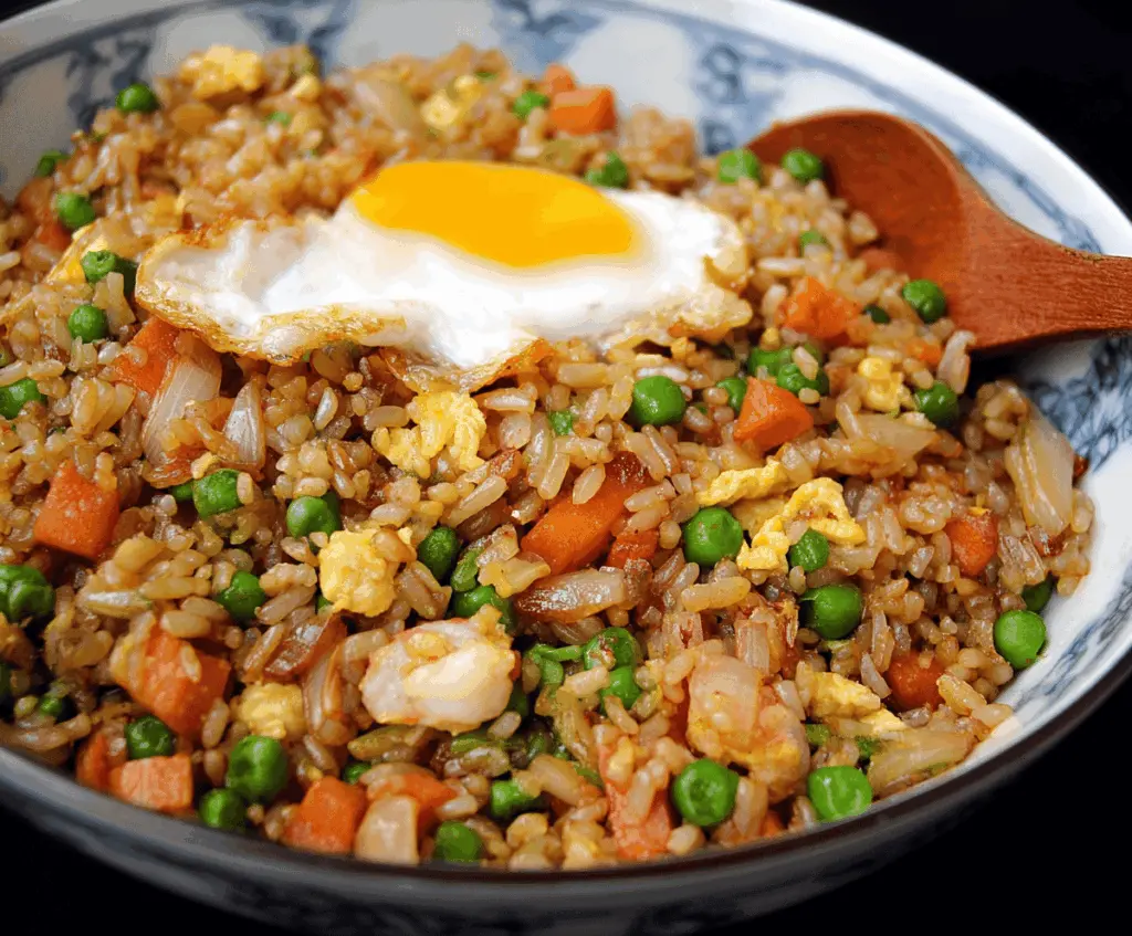 Delicious Japanese Fried Rice with vegetables and scrambled egg garnished with green onions.