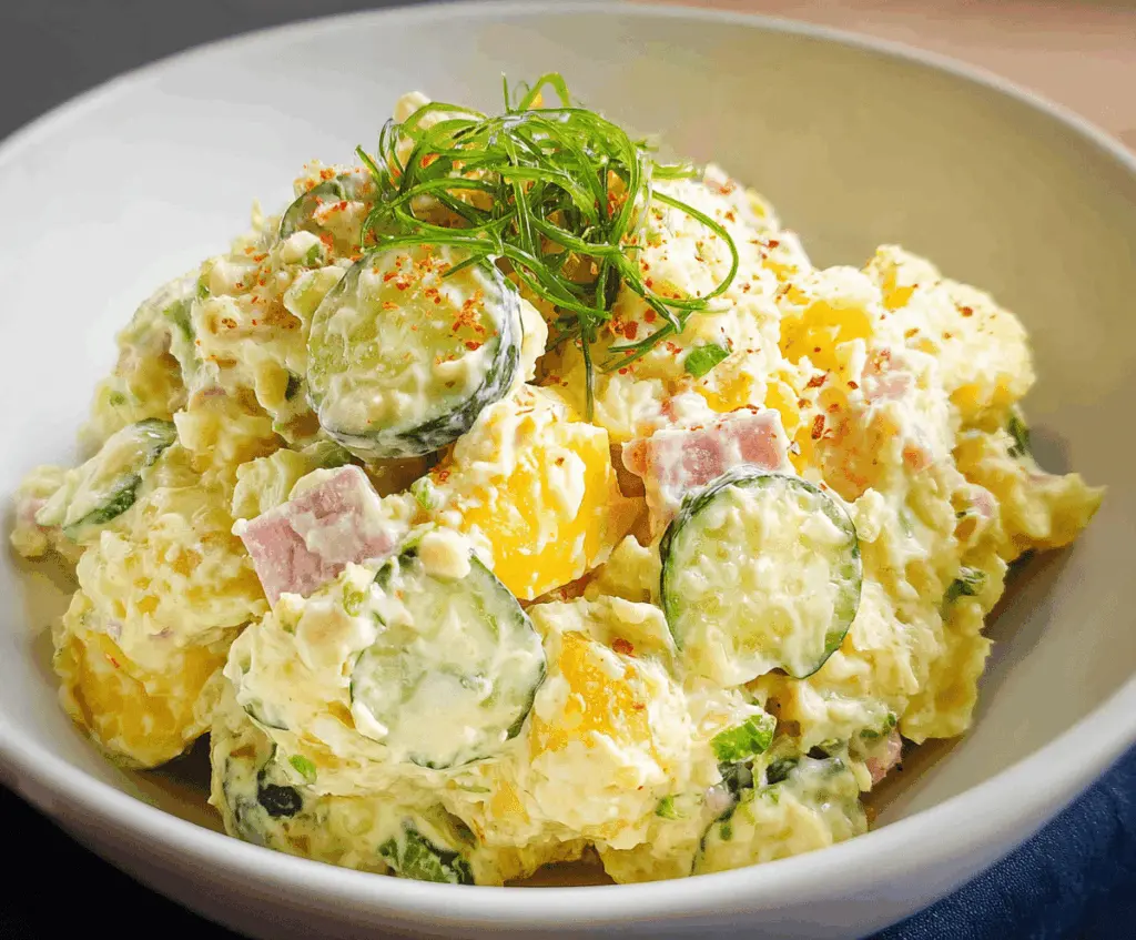 Creamy Japanese Potato Salad with fresh vegetables and garnished with parsley on a white plate.
