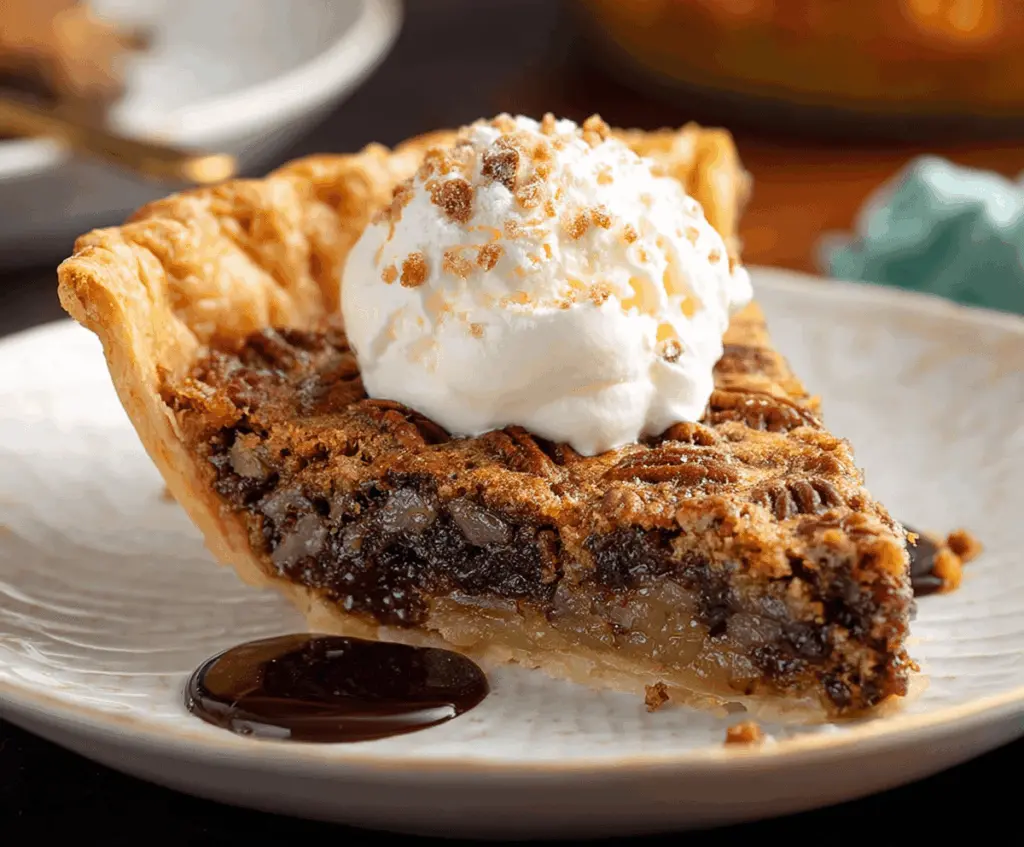 Delicious Kentucky Derby Pie with a chocolate and pecan filling topped with whipped cream