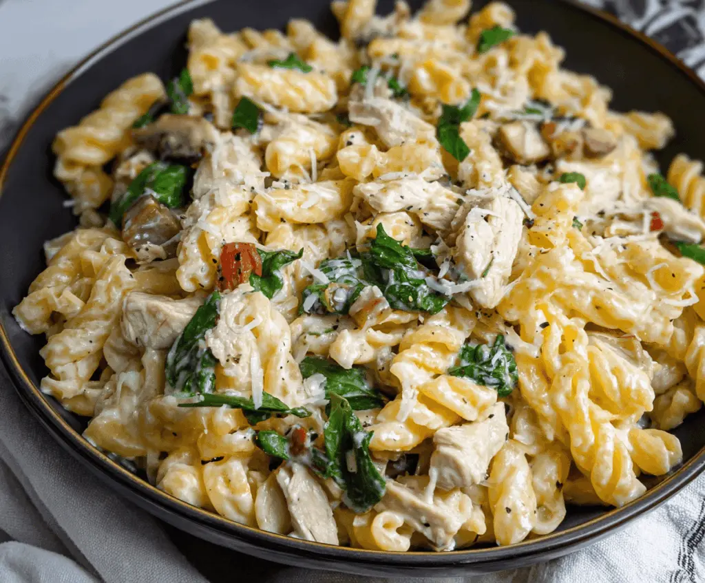 Delicious leftover Thanksgiving turkey pasta dish in a bowl, featuring tender turkey, pasta, and festive seasonings.