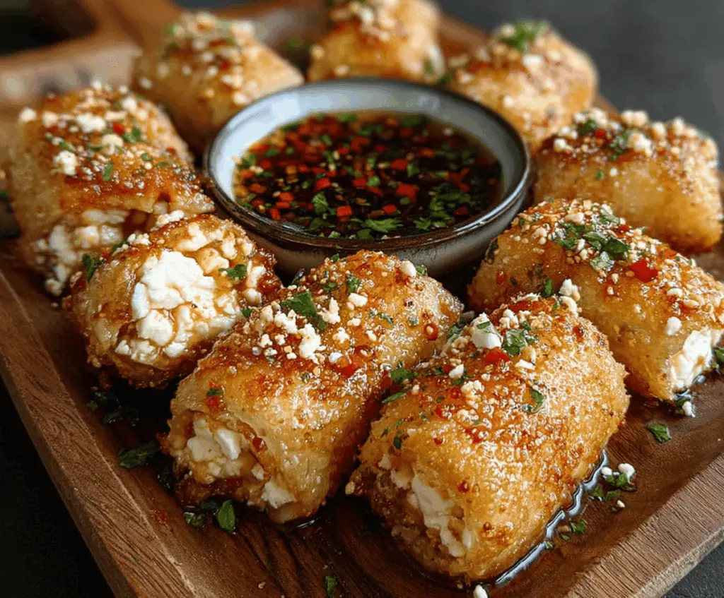 Crispy oven fried feta rolls drizzled with spicy chili honey on a decorative platter