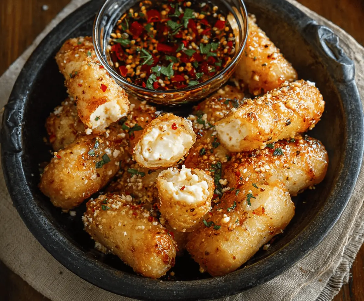 Crispy Oven Fried Feta Rolls with Chili Honey