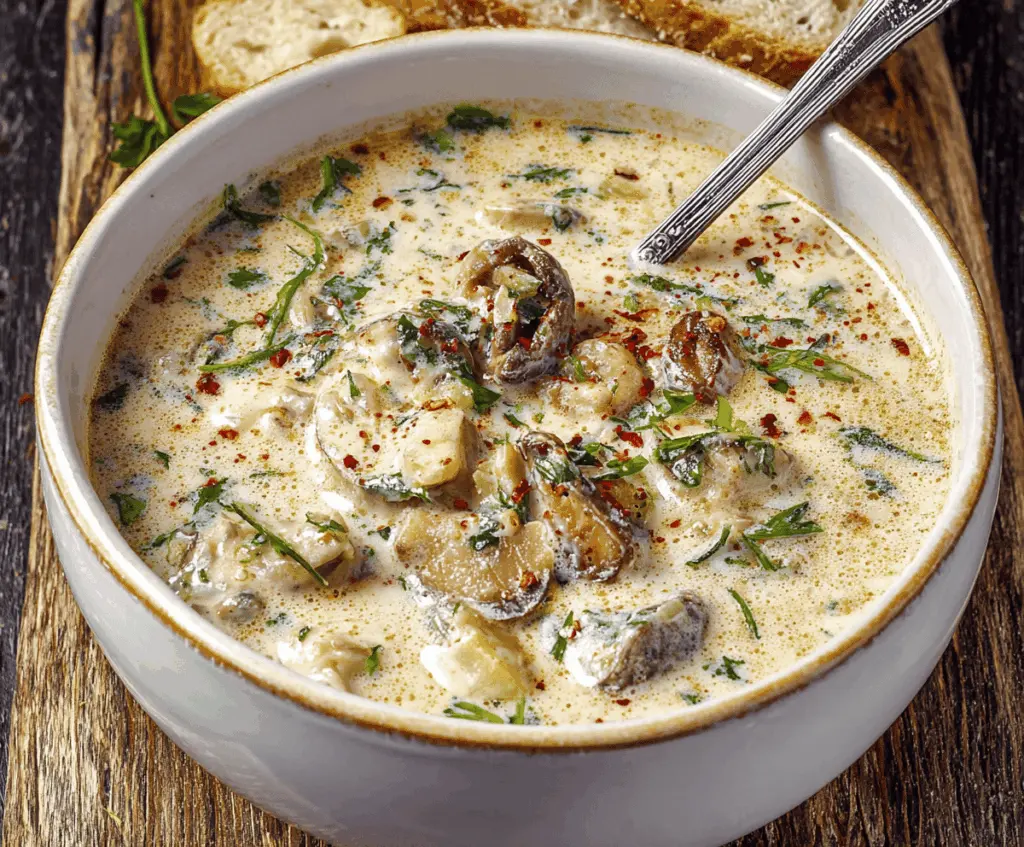 Delicious oyster stew served in a rustic bowl with fresh herbs for a comforting seafood meal.