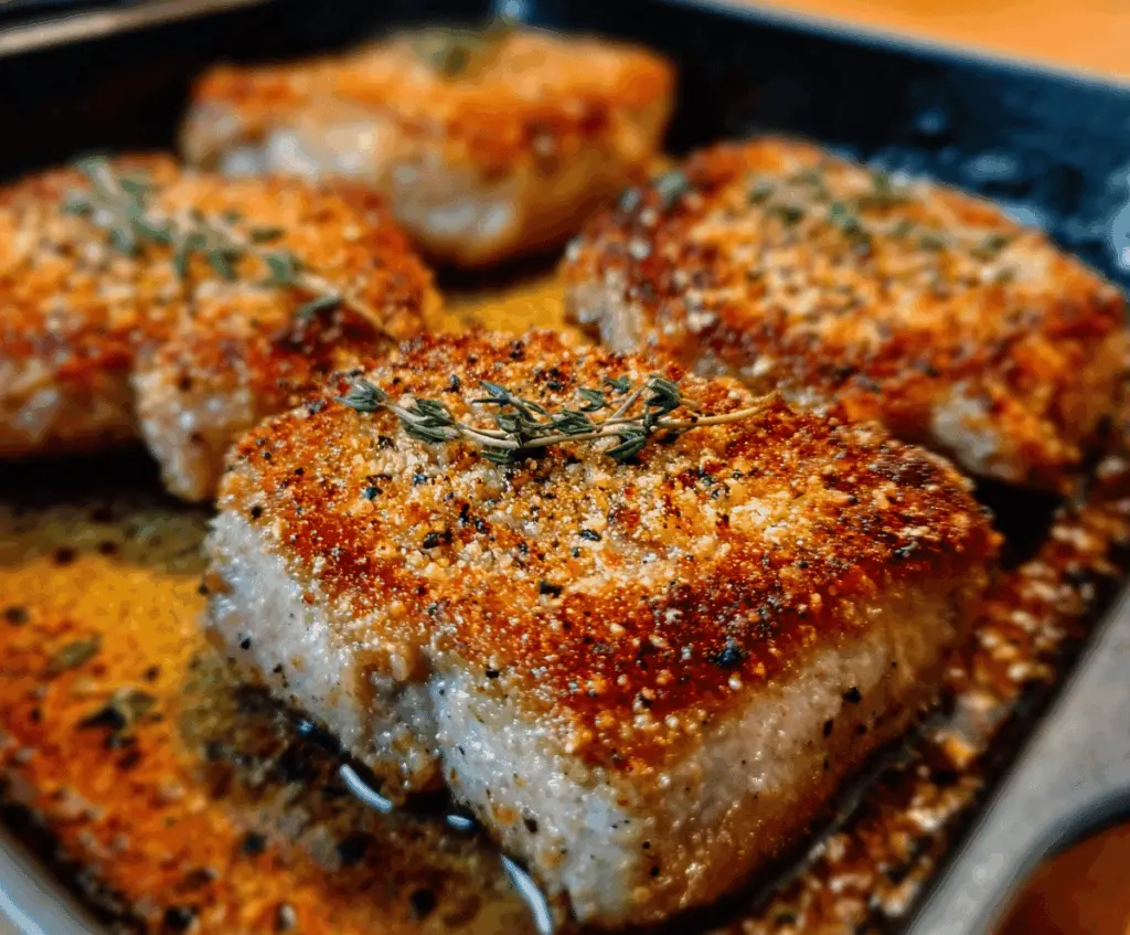 Golden Parmesan Crusted Pork Chops served with fresh vegetables on a white plate.