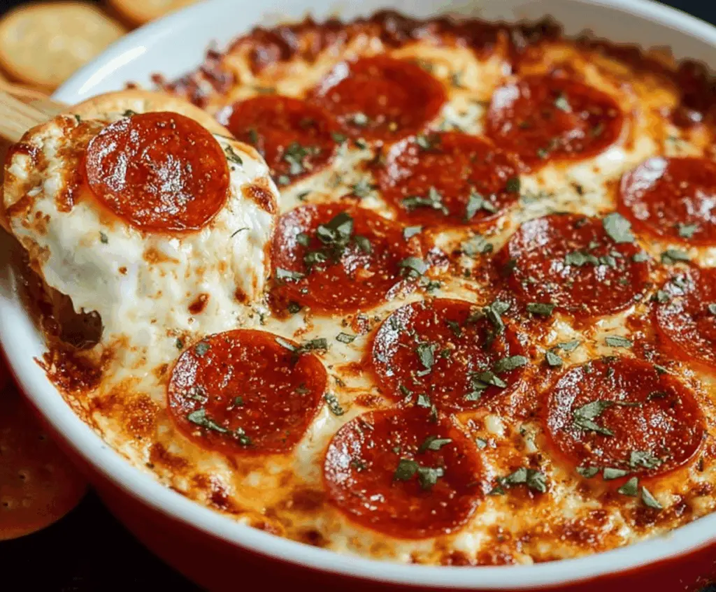 Delicious pizza dip with creamy cheese on a serving plate, perfect for snacks and parties.