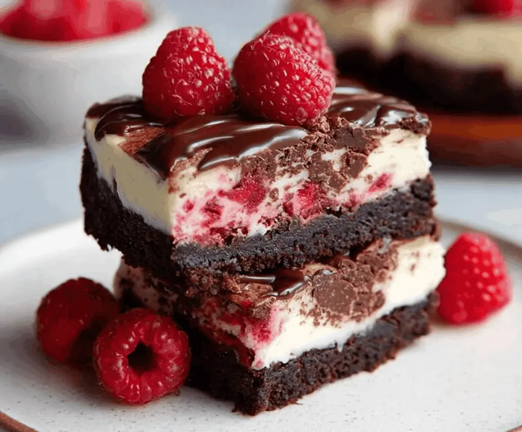 Delicious raspberry brownie cheesecake with a rich chocolate crust topped with fresh raspberries.