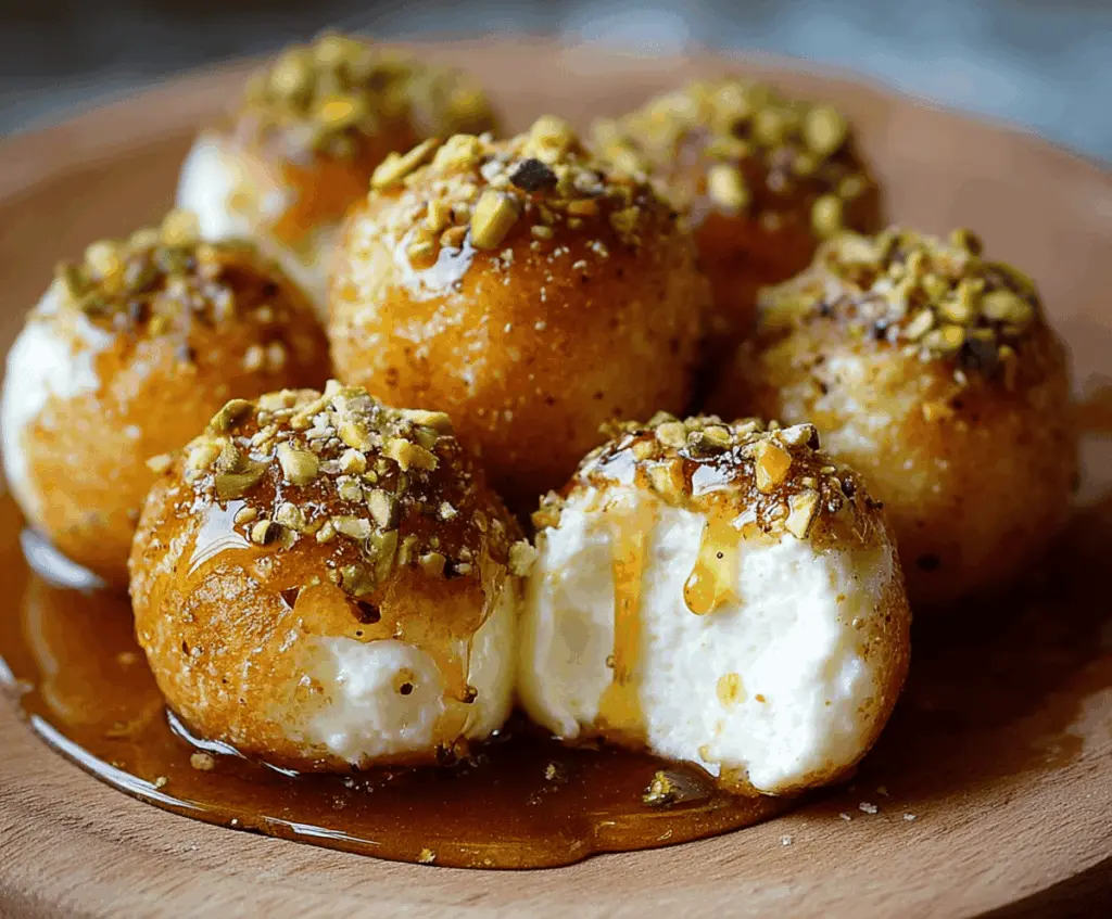 Delicious Ricotta Pistachio Honey Bites on a plate, garnished with chopped pistachios and honey drizzle.