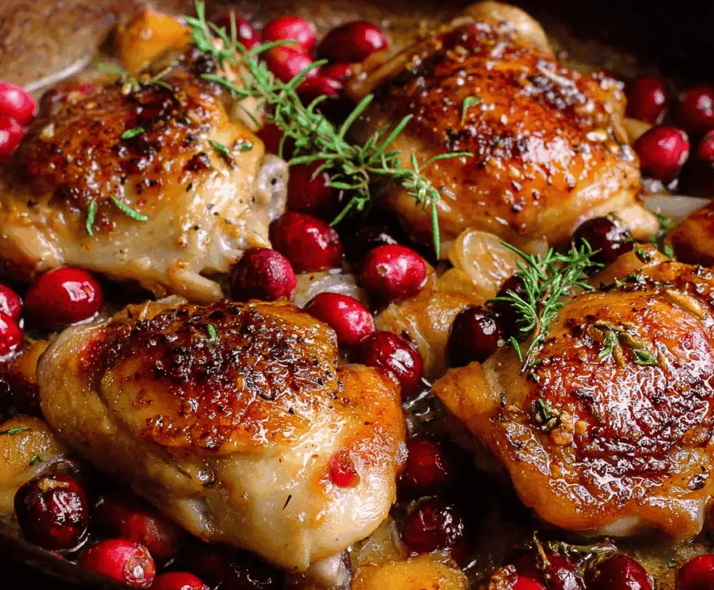 Juicy roasted cranberry chicken thighs served on a plate with fresh herbs and side vegetables.