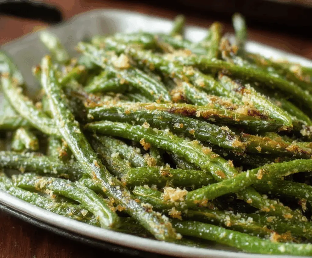 Delicious roasted Parmesan green beans on a plate, garnished with fresh herbs for a healthy side dish.