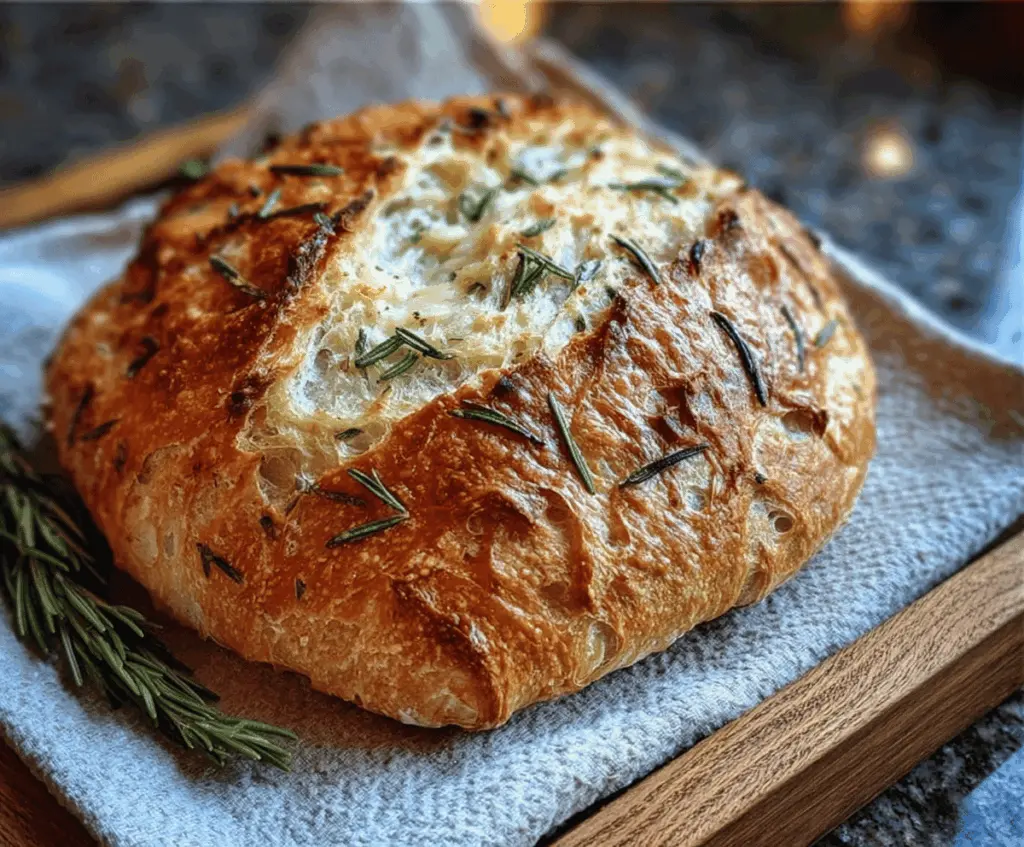 Freshly baked rustic no-knead rosemary garlic bread with a golden crust and aromatic herbs.