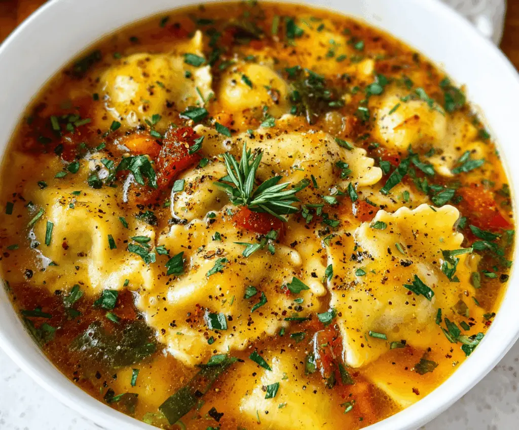 Hearty ravioli soup served in a bowl, showcasing fresh ravioli, vegetables, and herbs for a simple, one-pot meal.