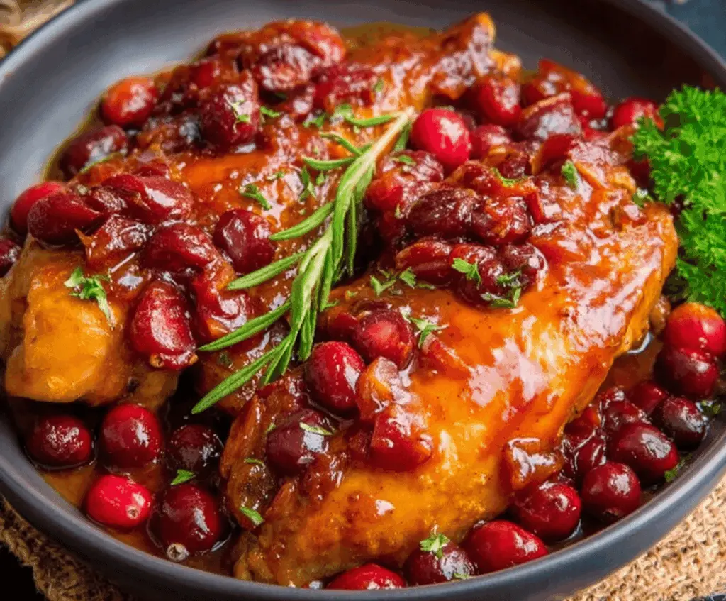 Delicious slow cooker cranberry chicken served with fresh herbs on a plate.