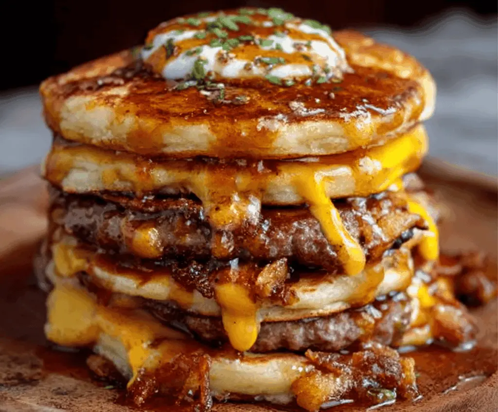 Delicious Smash Burger Pancakes with a unique twist, served on a plate with toppings and sides.
